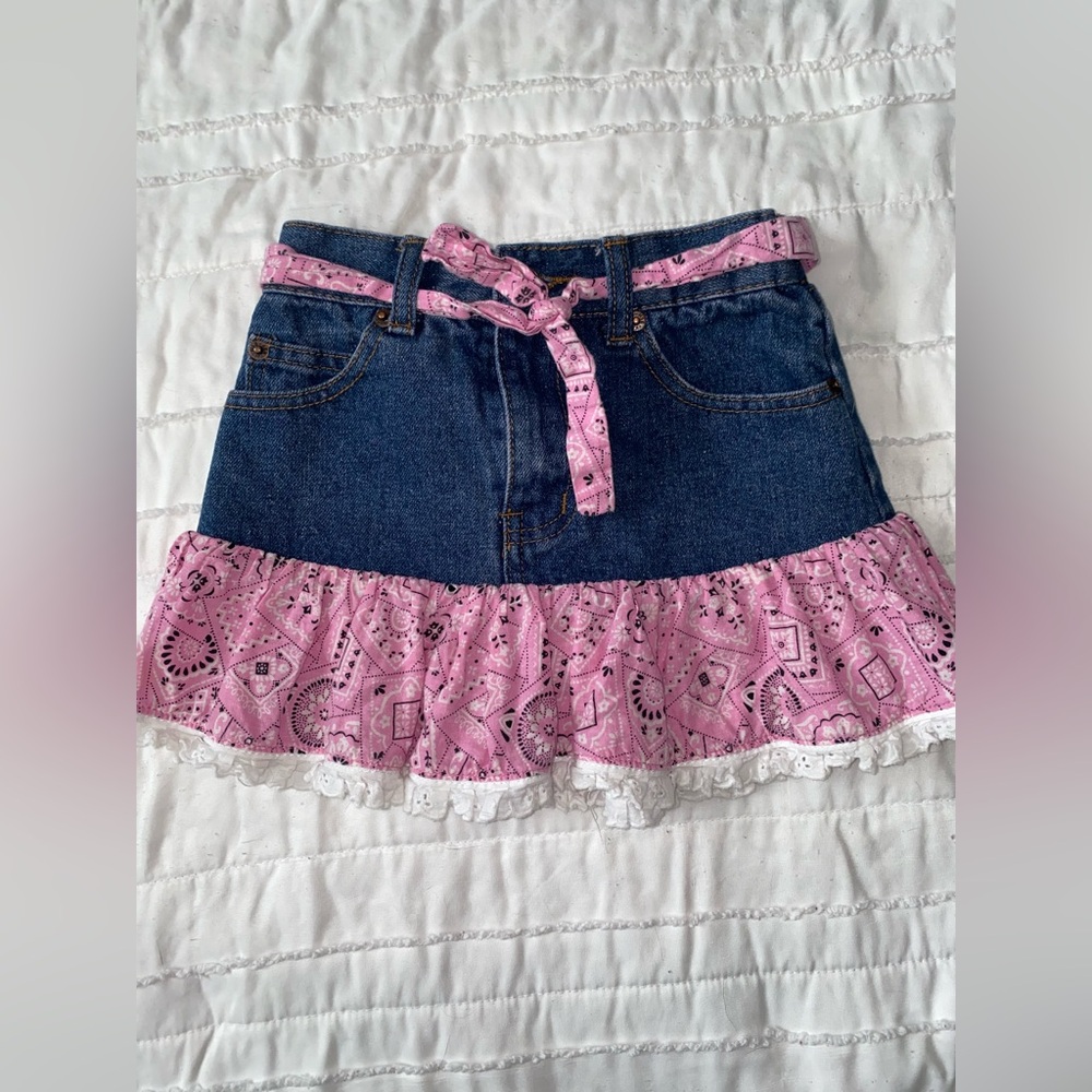 Kiddie Korral Pink and Blue Ruffle Denim bandana western Skirt